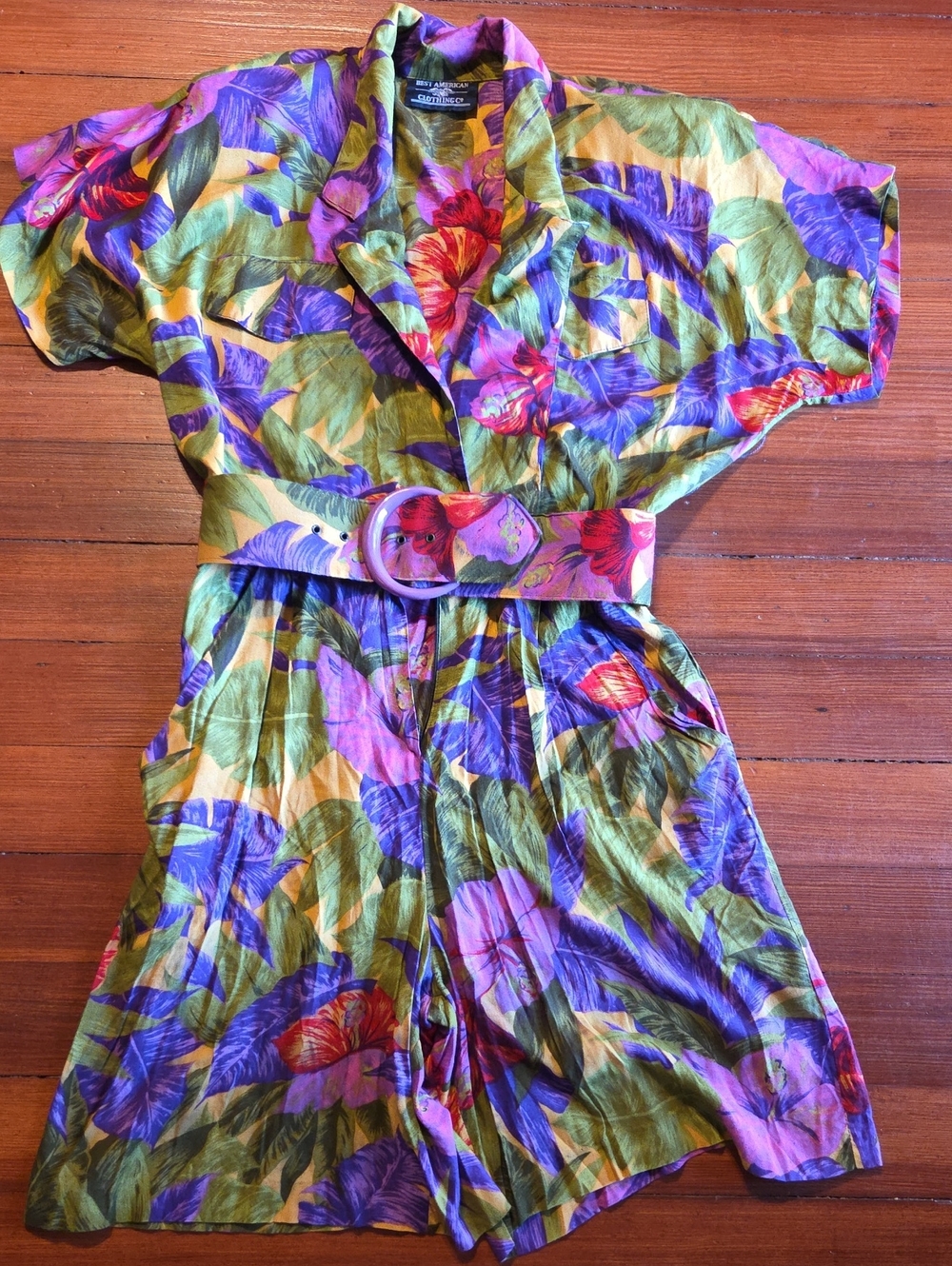 80s Tropical Floral One-Piece Romper in Green and Purple